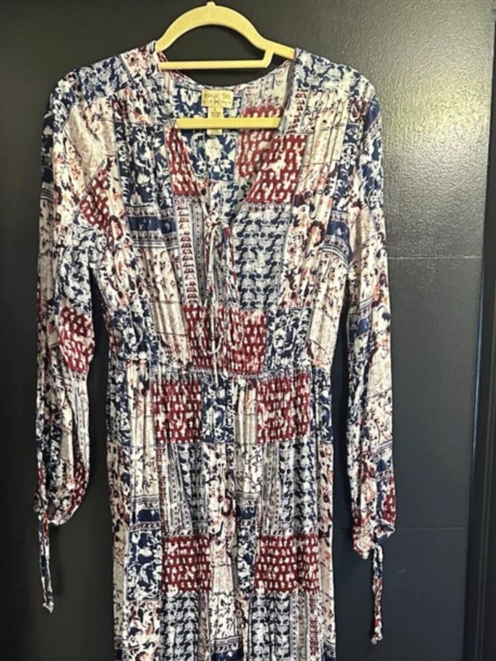 Midnight Sky Women's Patchwork Boho Maxi Dress V-Neck Tie Front Long Sleeve